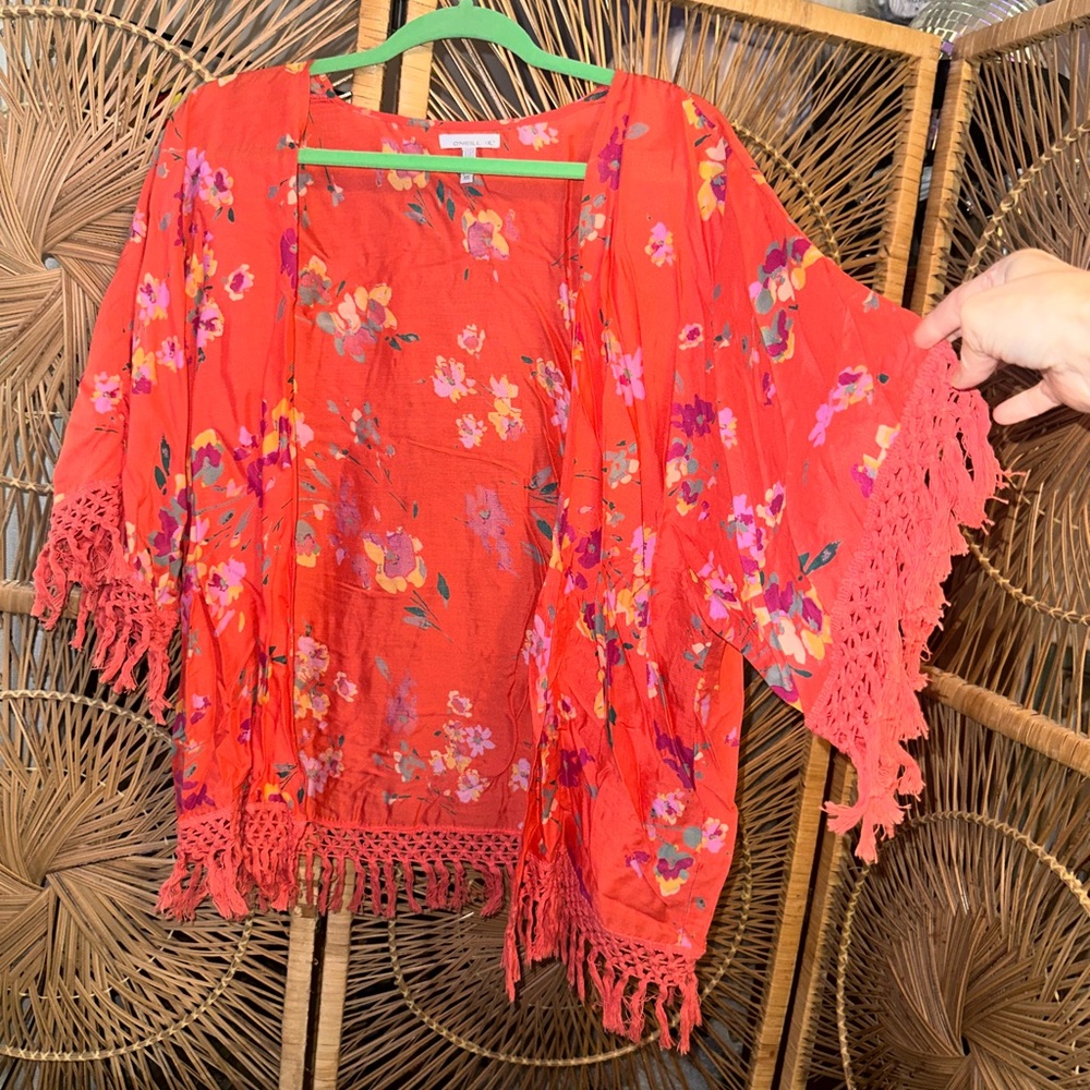 Red/Orange Floral Fringe Kimono